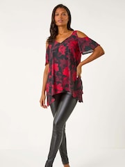 Roman Red Floral Print Cold Shoulder Asymetric Top - Image 2 of 5