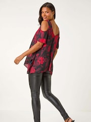 Roman Red Floral Print Cold Shoulder Asymetric Top - Image 3 of 5