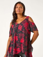 Roman Red Floral Print Cold Shoulder Asymetric Top - Image 4 of 5