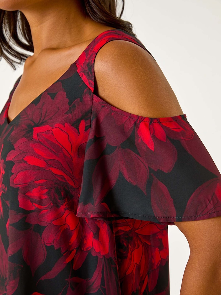 Roman Red Floral Print Cold Shoulder Asymetric Top - Image 5 of 5