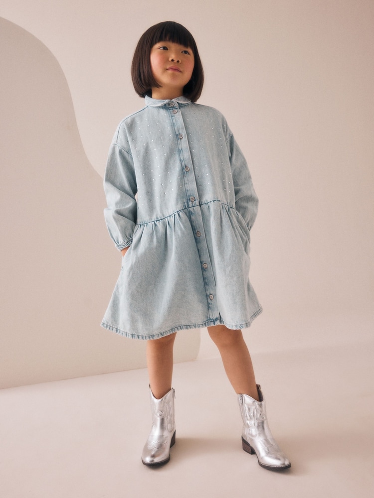 Lavado pálido - Denim Diamante Shirt Dress (3-16yrs) - Imagen 1 de 4