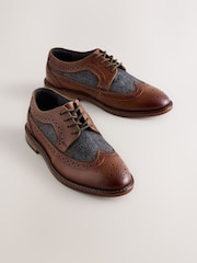 Tan Brown Herringbone Detail Standard Fit (F) Leather Laceup Brogue Shoes - Image 1 of 5