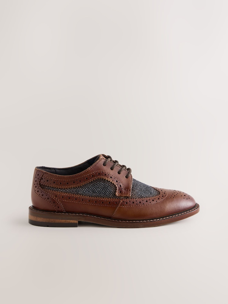 Tan Brown Herringbone Detail Standard Fit (F) Leather Laceup Brogue Shoes - Image 2 of 5