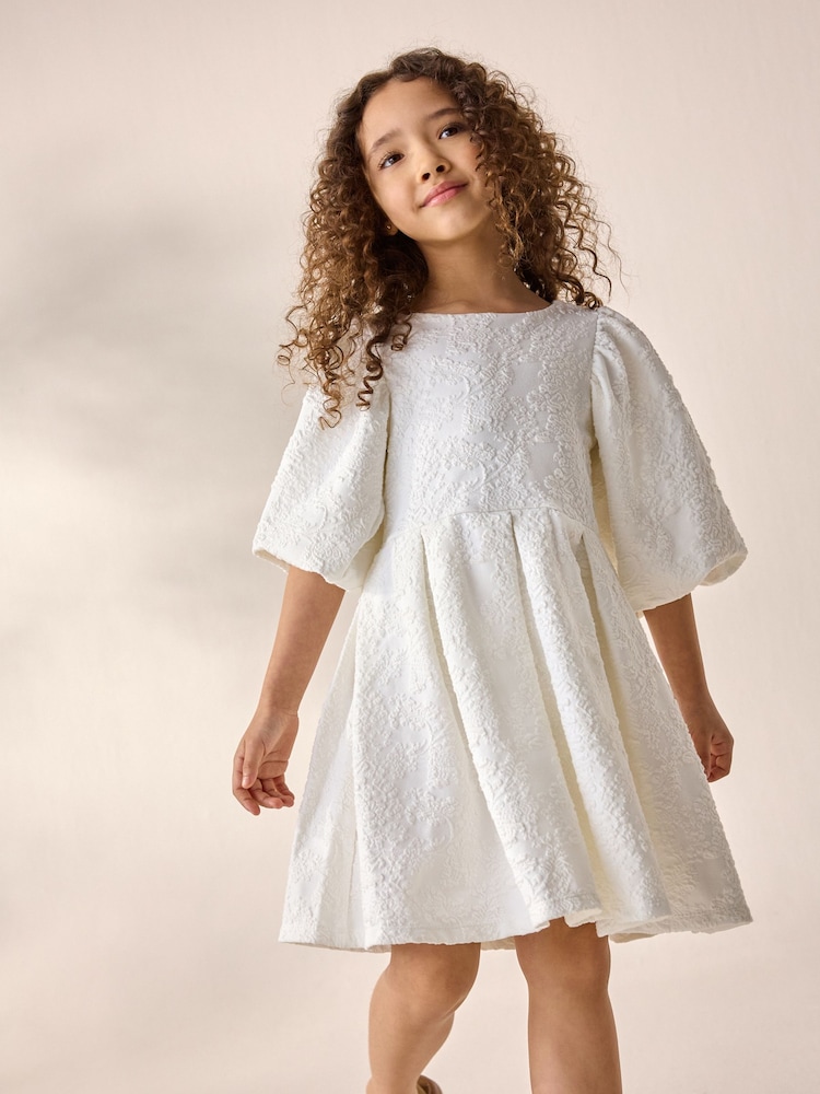 Cream Textured Puff Sleeve Occasion Dress (3-16yrs) - Image 1 of 6