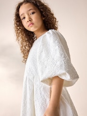 Cream Textured Puff Sleeve Occasion Dress (3-16yrs) - Image 4 of 6