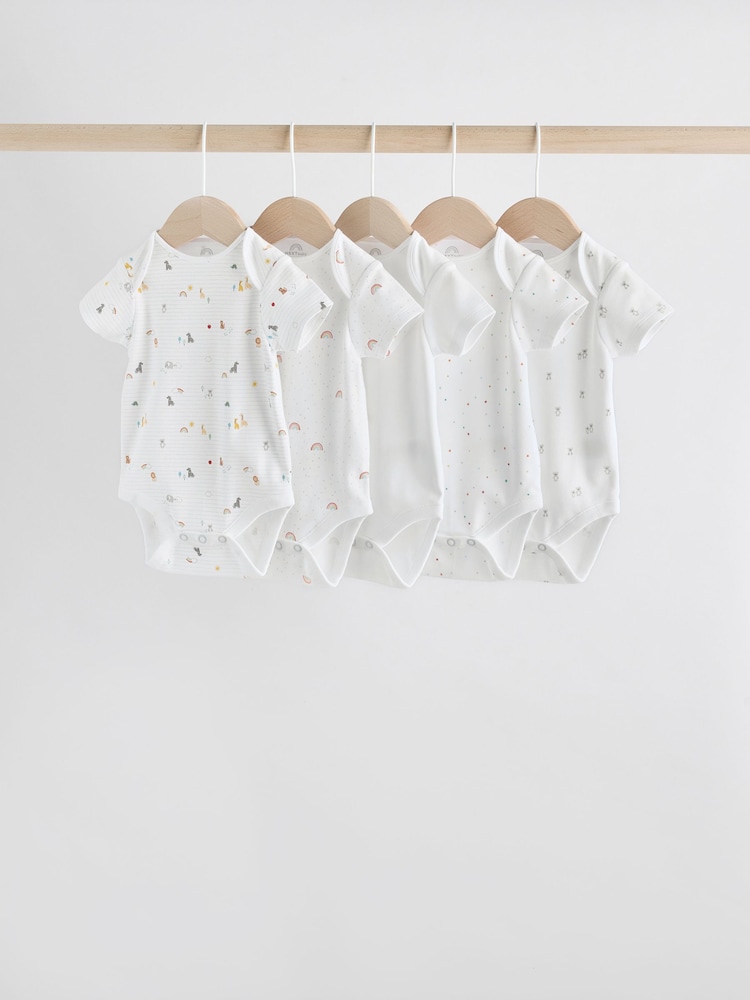 Weiß mit Character-Print - Kurzarm-Bodys für Babys aus 100 % Baumwolle im 5er-Pack - Bild 1 von 13 Weiß mit Character-Print - Kurzarm-Bodys für Babys aus 100 % Baumwolle im 5er-Pack - Bild 1 von 13
