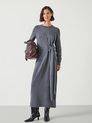 Hush Grey Tilly Tie Waist Merino Wool Midi Jumper Dress - Image 1 of 5