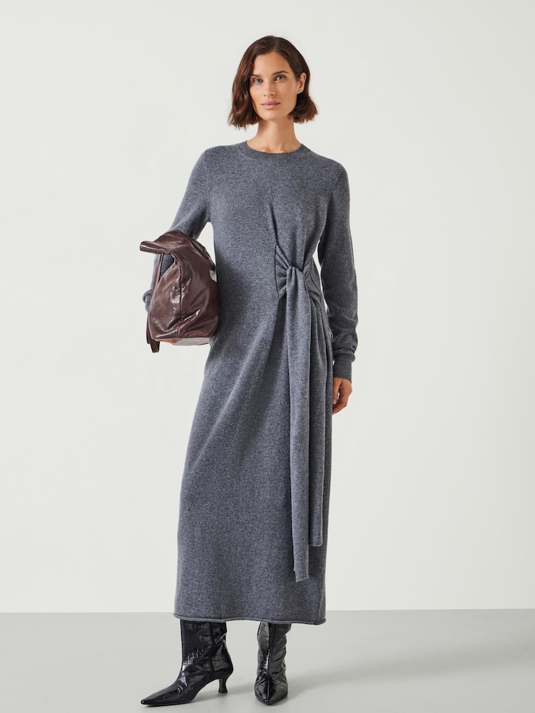 Hush Grey Tilly Tie Waist Merino Wool Midi Jumper Dress - Image 1 of 5