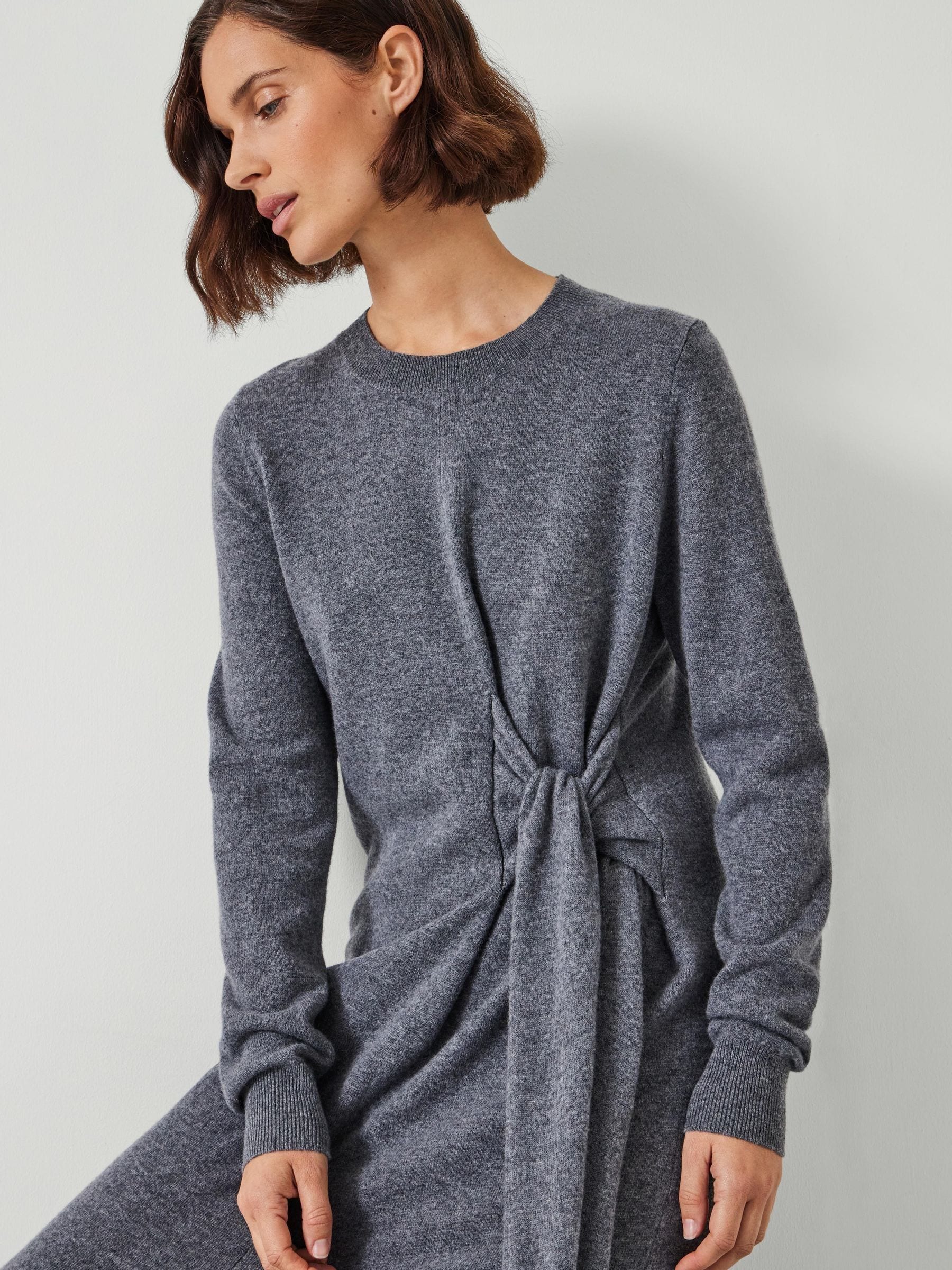 Hush Grey Tilly Tie Waist Merino Wool Midi Jumper Dress