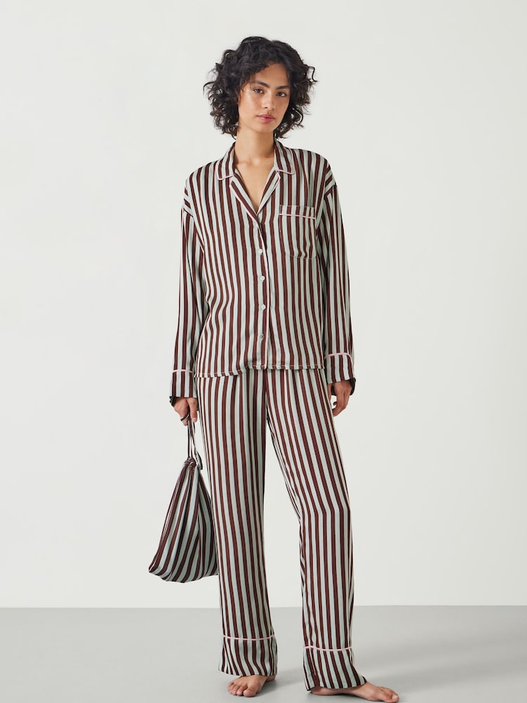Hush Brown Angelina Satin Modal Stripe Pyjama Set - Image 1 of 5