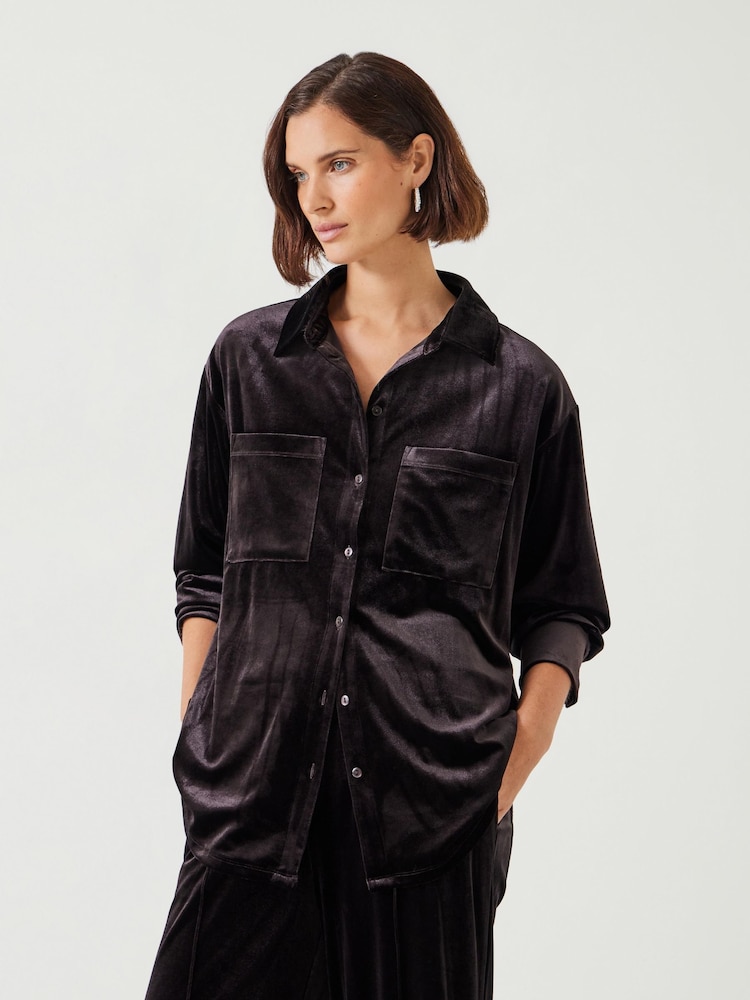Hush Brown Oversized Hadley Velvet Shirt - Image 1 of 5 Hush Brown Oversized Hadley Velvet Shirt - Image 1 of 5