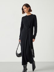 Hush Black Tilly Tie Waist Merino Wool Midi Jumper Dress - Image 1 of 5