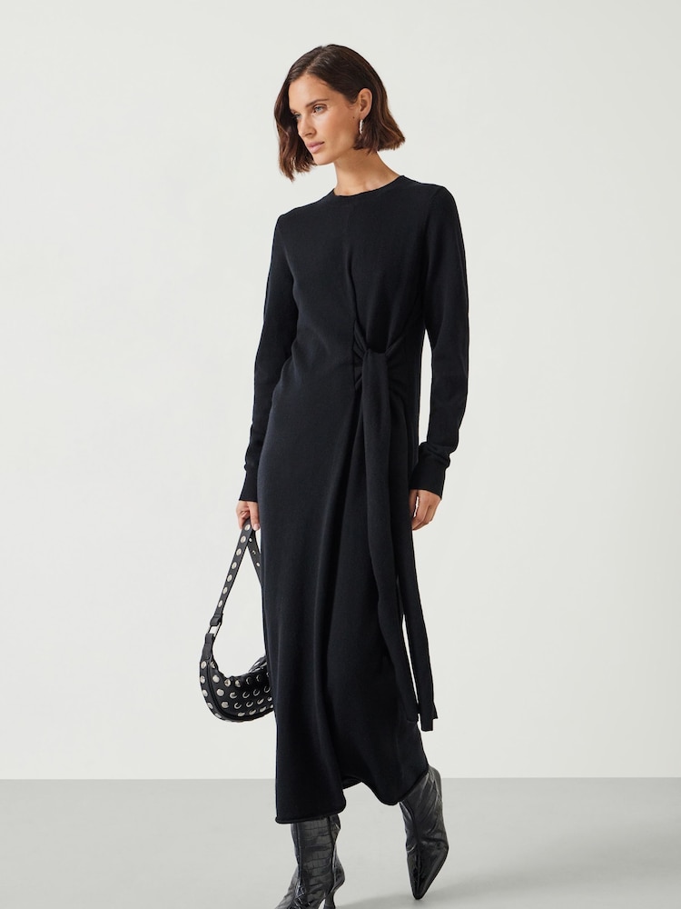 Hush Black Tilly Tie Waist Merino Wool Midi Jumper Dress - Image 1 of 5
