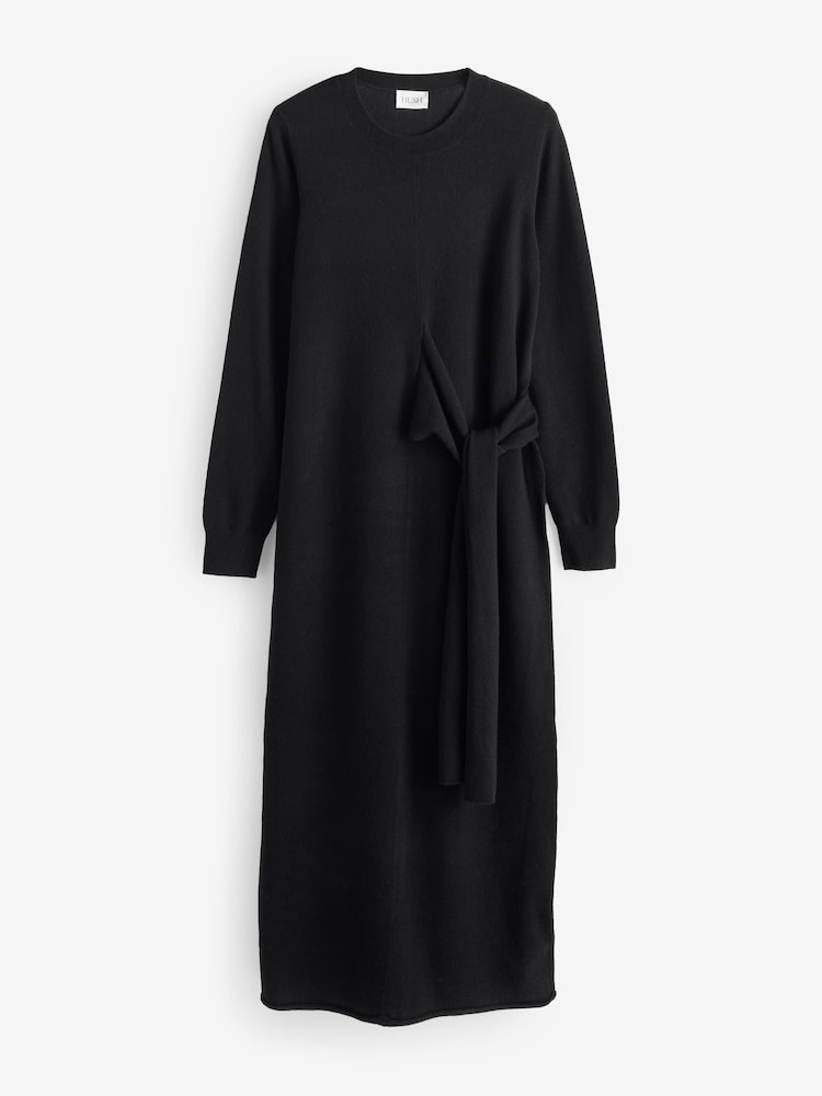 Hush Black Tilly Tie Waist Merino Wool Midi Jumper Dress - Image 5 of 5