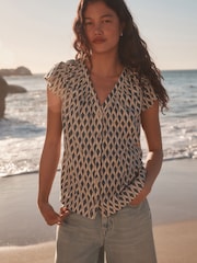 Navy/Stone Geometeric Print Button Down Ruffle Sleeve Top With Linen - Image 1 of 3