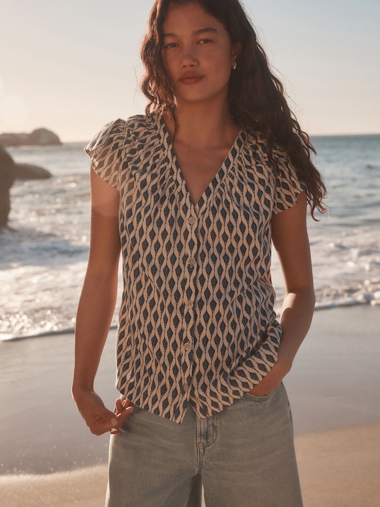 Navy/Stone Geometeric Print Button Down Ruffle Sleeve Top With Linen - Image 1 of 3