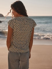 Navy/Stone Geometeric Print Button Down Ruffle Sleeve Top With Linen - Image 2 of 3