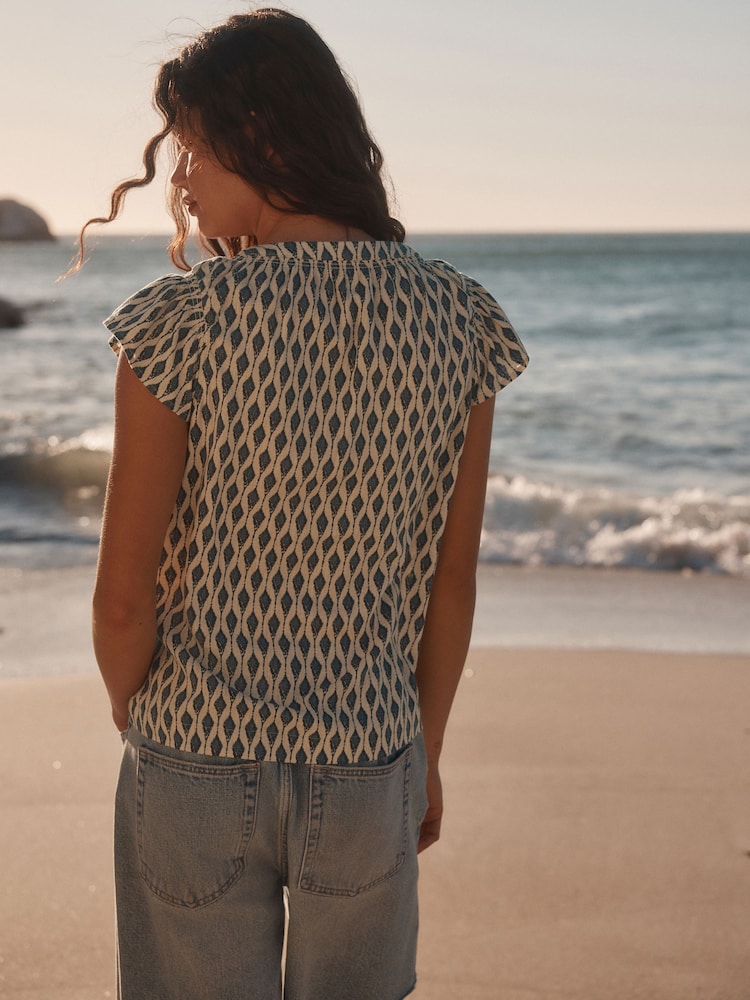 Navy/Stone Geometeric Print Button Down Ruffle Sleeve Top With Linen - Image 2 of 3