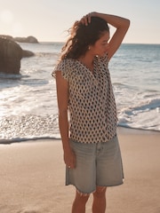Navy/Stone Geometeric Print Button Down Ruffle Sleeve Top With Linen - Image 3 of 3