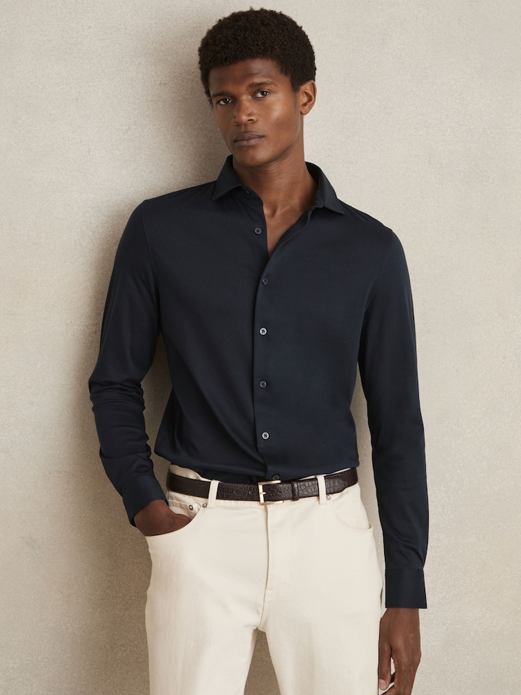 Reiss Navy Duke Cotton-Jersey Button-Through Shirt - Image 1 of 6