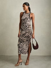 Reiss Neutral Lily Leopard-Print Jersey Bodycon Dress - Image 1 of 5