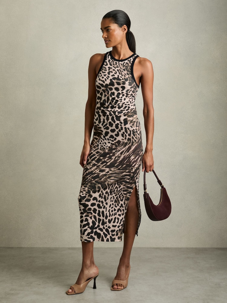 Reiss Neutral Lily Leopard-Print Jersey Bodycon Dress - Image 1 of 5