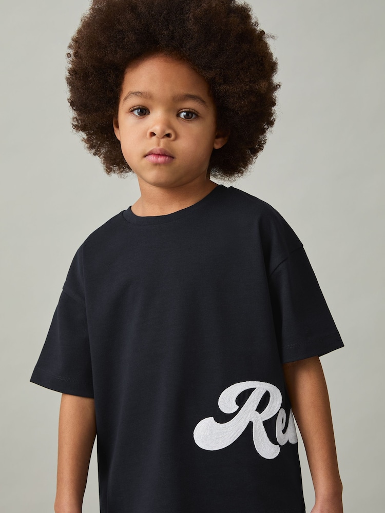 Reiss Navy Freddie 3-9 yrs Cotton Script-Logo Oversized T-Shirt - Image 3 of 4