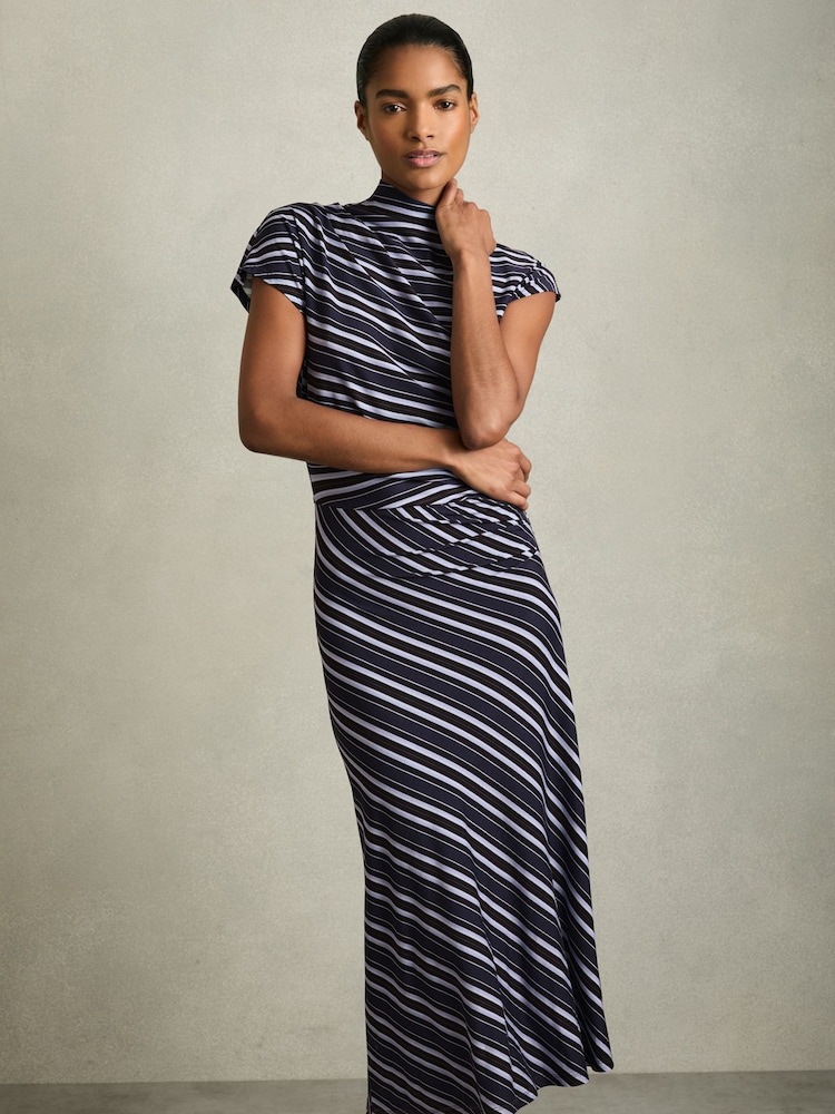 Reiss Blue Dillon Petite Stripe-Print Draped Midi Dress - Image 1 of 6