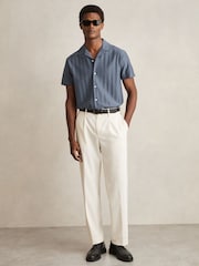 Reiss Airforce Blue Sampson Cotton Textured Cuban-Collar Shirt - Image 1 of 7