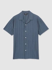 Reiss Airforce Blue Sampson Cotton Textured Cuban-Collar Shirt - Image 2 of 7