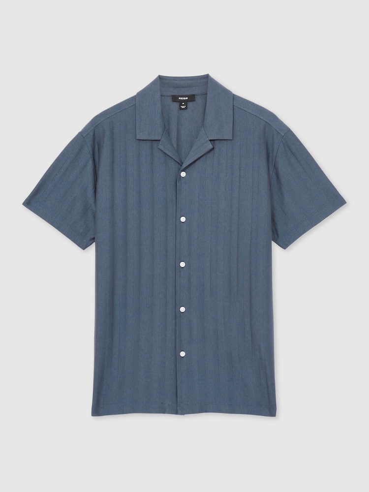 Reiss Airforce Blue Sampson Cotton Textured Cuban-Collar Shirt - Image 2 of 7