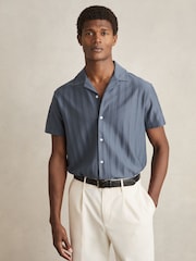 Reiss Airforce Blue Sampson Cotton Textured Cuban-Collar Shirt - Image 3 of 7