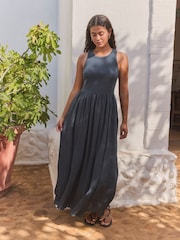 Navy Crinkle Texture Jersey/Woven Mix Midi Dress - Image 1 of 6