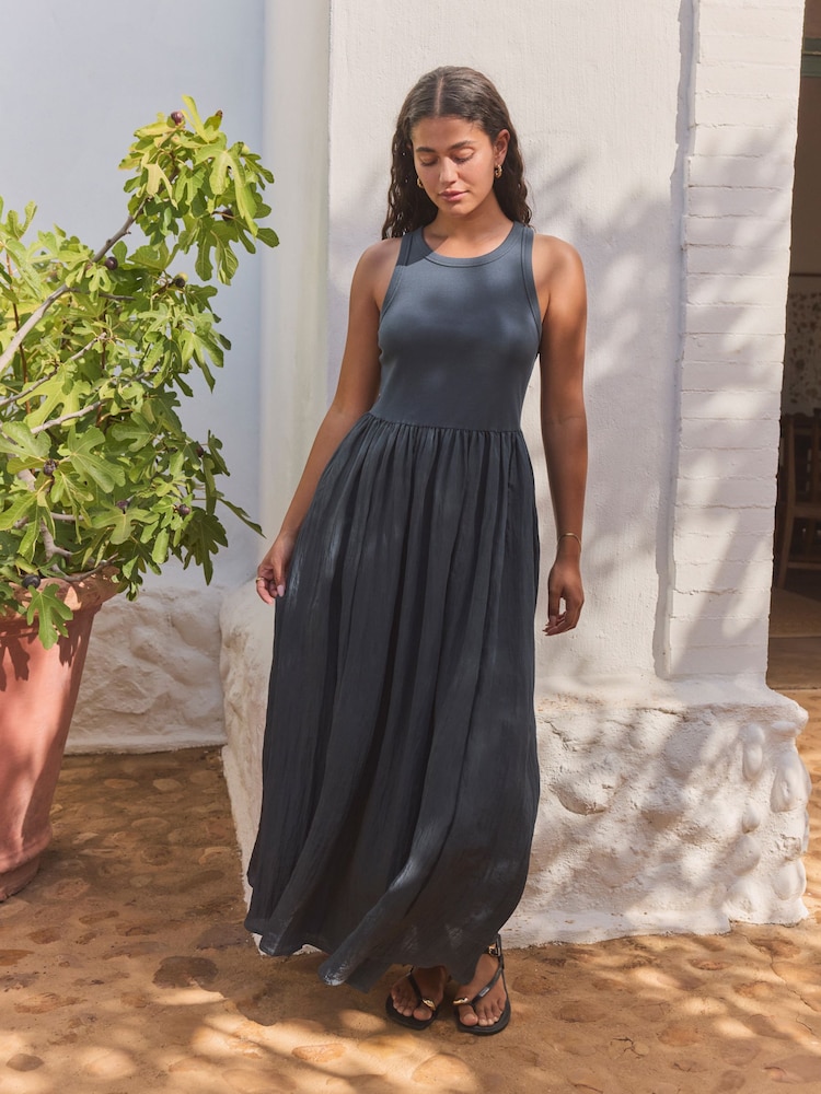 Navy Crinkle Texture Jersey/Woven Mix Midi Dress - Image 1 of 6