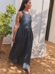 Navy Crinkle Texture Jersey/Woven Mix Midi Dress - Image 2 of 6
