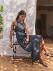 Navy Crinkle Texture Jersey/Woven Mix Midi Dress - Image 3 of 6