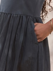 Navy Crinkle Texture Jersey/Woven Mix Midi Dress - Image 5 of 6