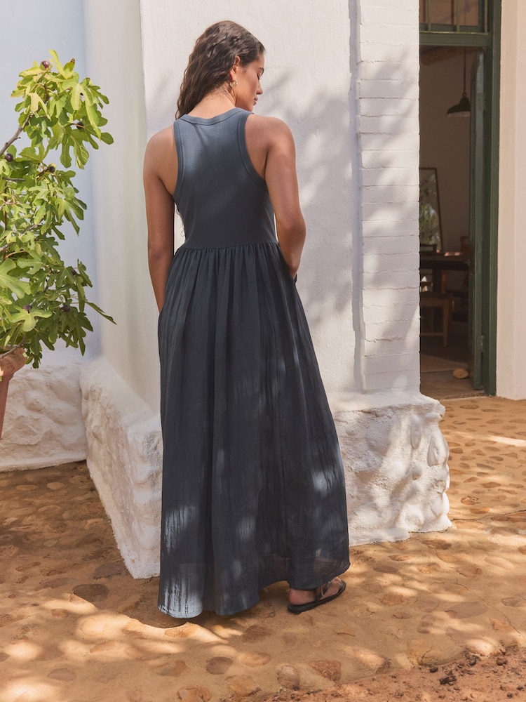 Navy Crinkle Texture Jersey/Woven Mix Midi Dress - Image 6 of 6