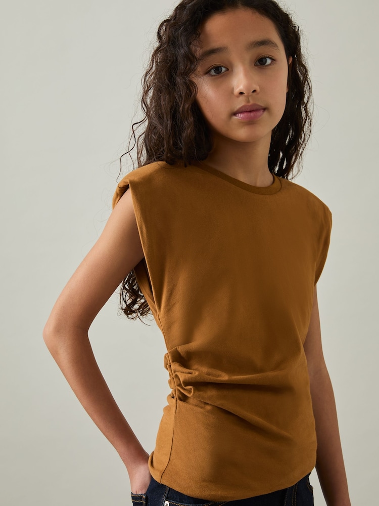 Reiss Tan Sadie 9-13 yrs Cotton Jersey Cap Sleeve Ruched Top - Image 1 of 4