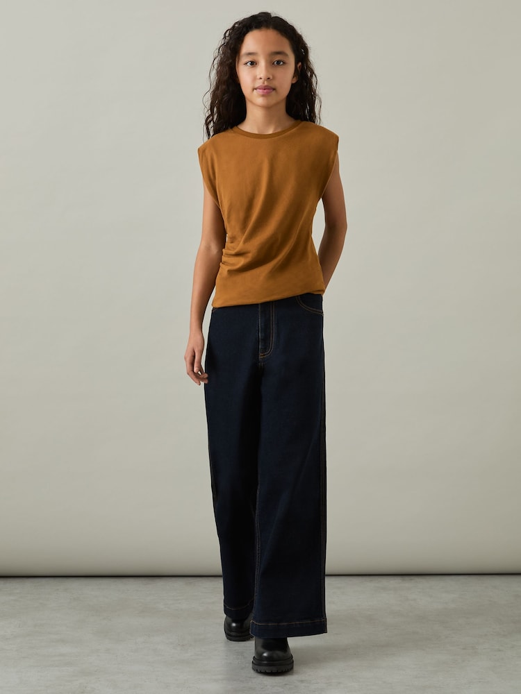 Reiss Tan Sadie 9-13 yrs Cotton Jersey Cap Sleeve Ruched Top - Image 3 of 4