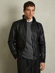 Reiss Black Reed Pebbled-Leather Funnel-Neck Jacket - Image 1 of 6