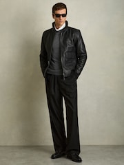 Reiss Black Reed Pebbled-Leather Funnel-Neck Jacket - Image 3 of 6