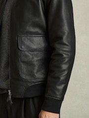 Reiss Black Reed Pebbled-Leather Funnel-Neck Jacket - Image 4 of 6