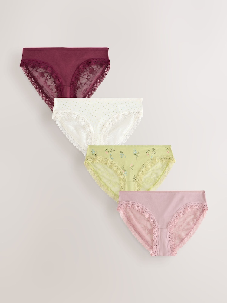 Green Floral Print/Berry High Leg Full Brief Modal Ultimate Comfort Lace Knickers 4 Pack - Image 1 of 10 Green Floral Print/Berry High Leg Full Brief Modal Ultimate Comfort Lace Knickers 4 Pack - Image 1 of 10