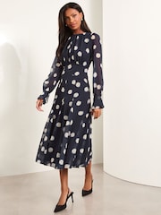 Lipsy Navy Spot Long Sleeve Gathered Waist Midi Dress - Image 1 of 4