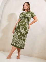 Khaki Green Curve Mixed Print Underbust Jersey Midi Dress - Image 1 of 4
