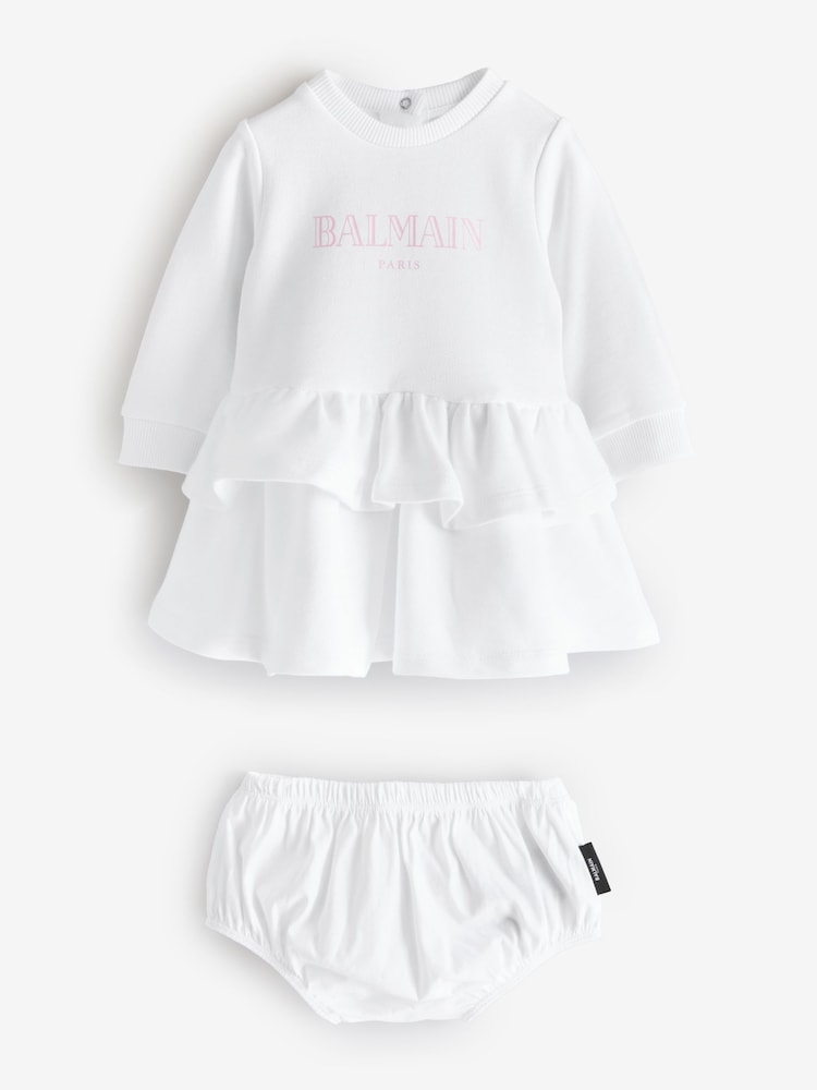 Balmain Baby Logo Tierred Ruffle Jersey White Dress - Image 1 of 5