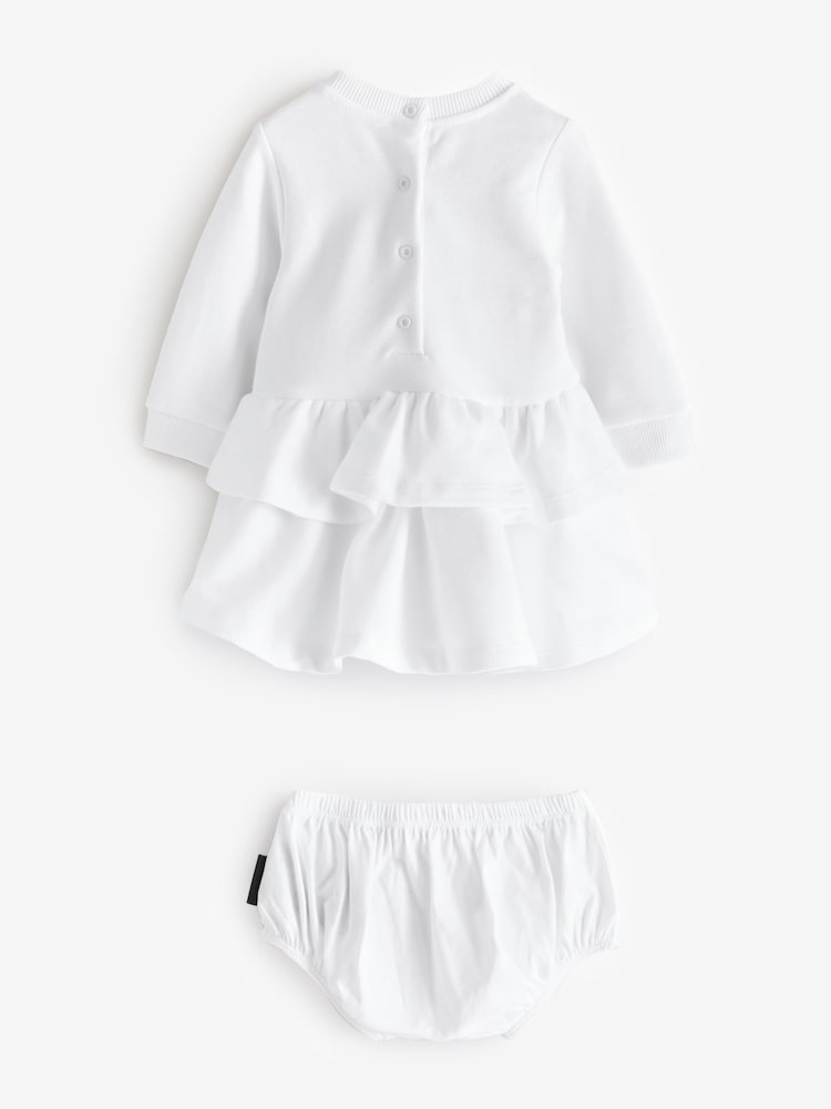 Balmain Baby Logo Tierred Ruffle Jersey White Dress - Image 2 of 5 Balmain Baby Logo Tierred Ruffle Jersey White Dress - Image 2 of 5