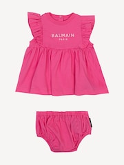 Balmain Baby Pink Logo Frill Sleeve Dress and Knickers Set - Image 1 of 1