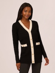 Adrianna Papell V-Neck Button Down Textured Long Black Cardigan With Long Sleeves - Image 1 of 7